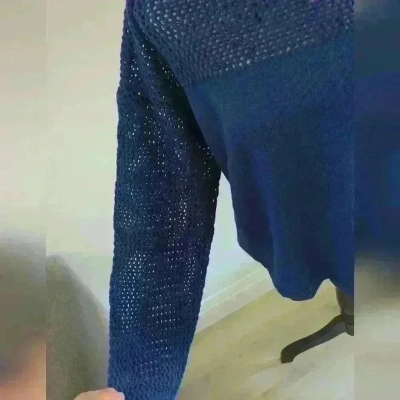 ZAFUL | Women's Navy Hallow Out Long Drop Shoulder Crochet Knit Sweater - Picture 8 of 10